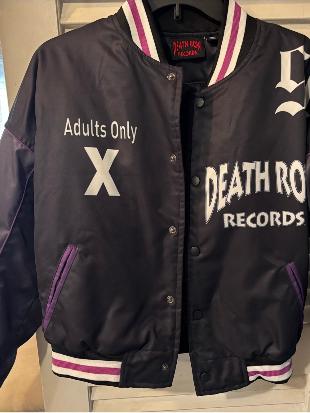 PrettyLittleThing Black and Purple Death Row 'Adults Only' Bomber Jacket